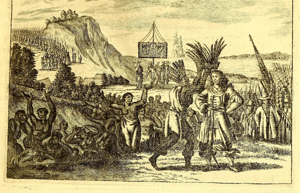 An illustration from America: being the latest, and most accurate description of the Nevv VVorld; : containing the original of the inhabitants, and the remarkable voyages thither. The conquest of the vast empires of Mexico and Peru, and other large provinces and territories, with the several European plantations in those parts. Also their cities, fortresses, towns, temples, mountains, and rivers. Their habits, customs, manners, and religions. Their plants, beasts, birds, and serpents. With an appendix, containing, besides several other considerable additions, a brief survey of what hath been discover'd of the unknown South-Land and the Arctick region., 1671, leaf 379