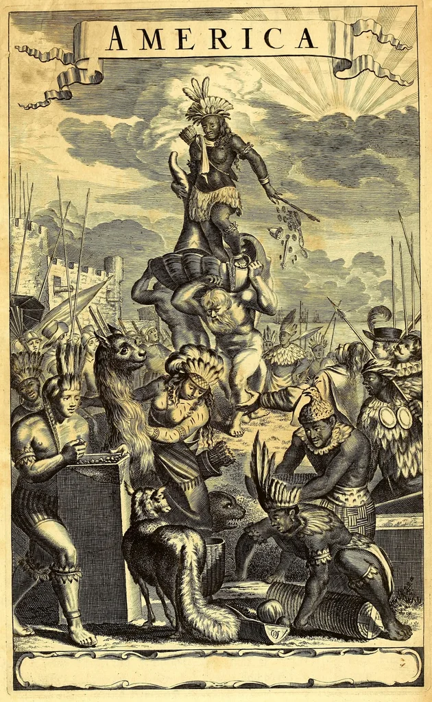 An illustration from America: being the latest, and most accurate description of the Nevv VVorld; : containing the original of the inhabitants, and the remarkable voyages thither. The conquest of the vast empires of Mexico and Peru, and other large provinces and territories, with the several European plantations in those parts. Also their cities, fortresses, towns, temples, mountains, and rivers. Their habits, customs, manners, and religions. Their plants, beasts, birds, and serpents. With an appendix, containing, besides several other considerable additions, a brief survey of what hath been discover'd of the unknown South-Land and the Arctick region., 1671, leaf 5