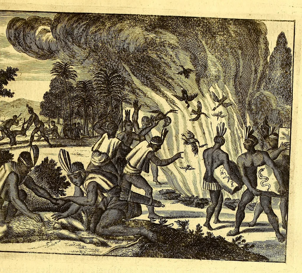 An illustration from America: being the latest, and most accurate description of the Nevv VVorld; : containing the original of the inhabitants, and the remarkable voyages thither. The conquest of the vast empires of Mexico and Peru, and other large provinces and territories, with the several European plantations in those parts. Also their cities, fortresses, towns, temples, mountains, and rivers. Their habits, customs, manners, and religions. Their plants, beasts, birds, and serpents. With an appendix, containing, besides several other considerable additions, a brief survey of what hath been discover'd of the unknown South-Land and the Arctick region., 1671, leaf 533