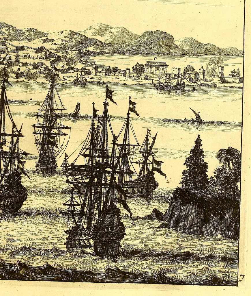 An illustration from America: being the latest, and most accurate description of the Nevv VVorld; : containing the original of the inhabitants, and the remarkable voyages thither. The conquest of the vast empires of Mexico and Peru, and other large provinces and territories, with the several European plantations in those parts. Also their cities, fortresses, towns, temples, mountains, and rivers. Their habits, customs, manners, and religions. Their plants, beasts, birds, and serpents. With an appendix, containing, besides several other considerable additions, a brief survey of what hath been discover'd of the unknown South-Land and the Arctick region., 1671, leaf 587