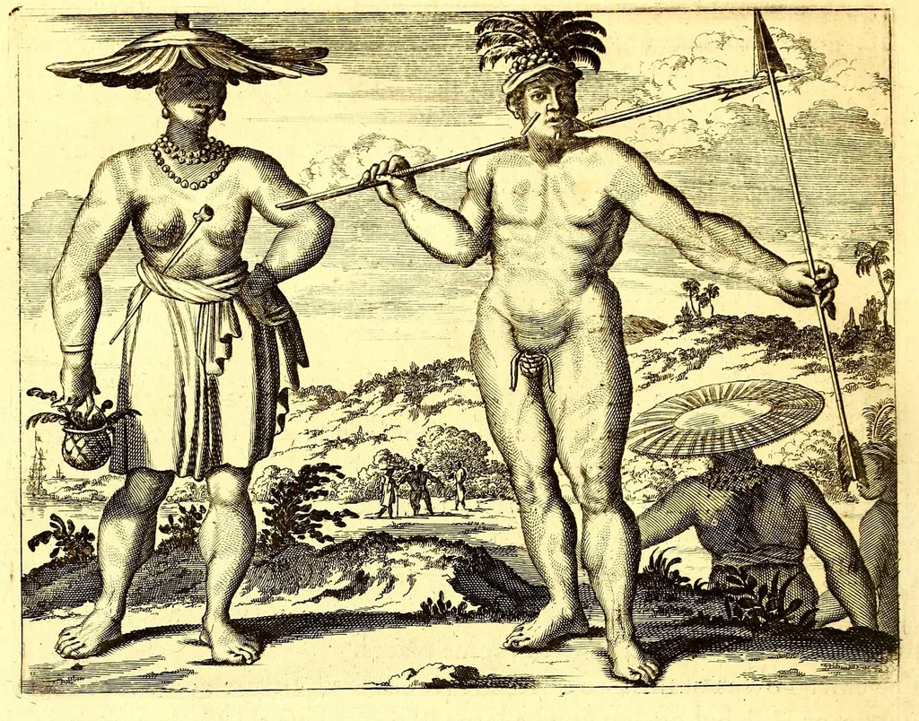 An illustration from America: being the latest, and most accurate description of the Nevv VVorld; : containing the original of the inhabitants, and the remarkable voyages thither. The conquest of the vast empires of Mexico and Peru, and other large provinces and territories, with the several European plantations in those parts. Also their cities, fortresses, towns, temples, mountains, and rivers. Their habits, customs, manners, and religions. Their plants, beasts, birds, and serpents. With an appendix, containing, besides several other considerable additions, a brief survey of what hath been discover'd of the unknown South-Land and the Arctick region., 1671, leaf 608
