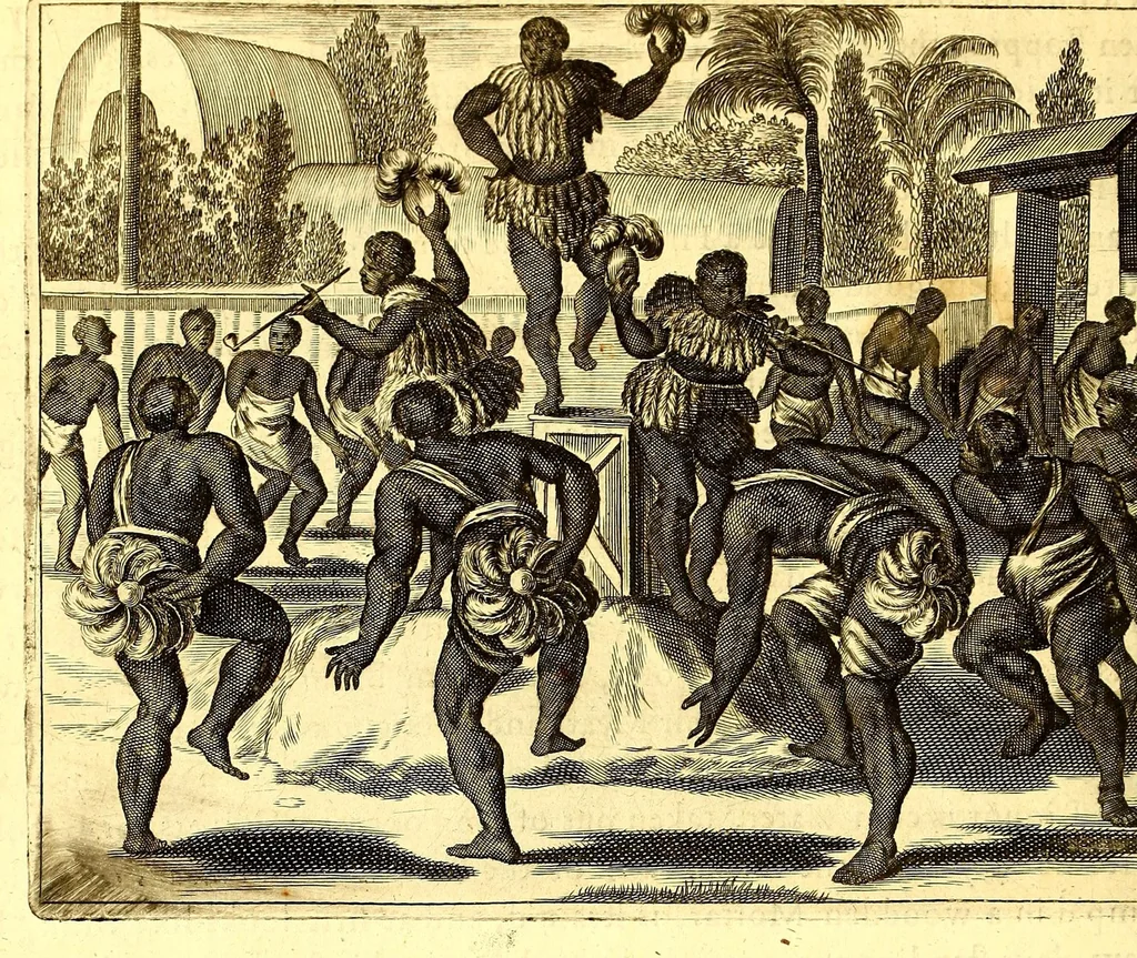 An illustration from America: being the latest, and most accurate description of the Nevv VVorld; : containing the original of the inhabitants, and the remarkable voyages thither. The conquest of the vast empires of Mexico and Peru, and other large provinces and territories, with the several European plantations in those parts. Also their cities, fortresses, towns, temples, mountains, and rivers. Their habits, customs, manners, and religions. Their plants, beasts, birds, and serpents. With an appendix, containing, besides several other considerable additions, a brief survey of what hath been discover'd of the unknown South-Land and the Arctick region., 1671, leaf 614