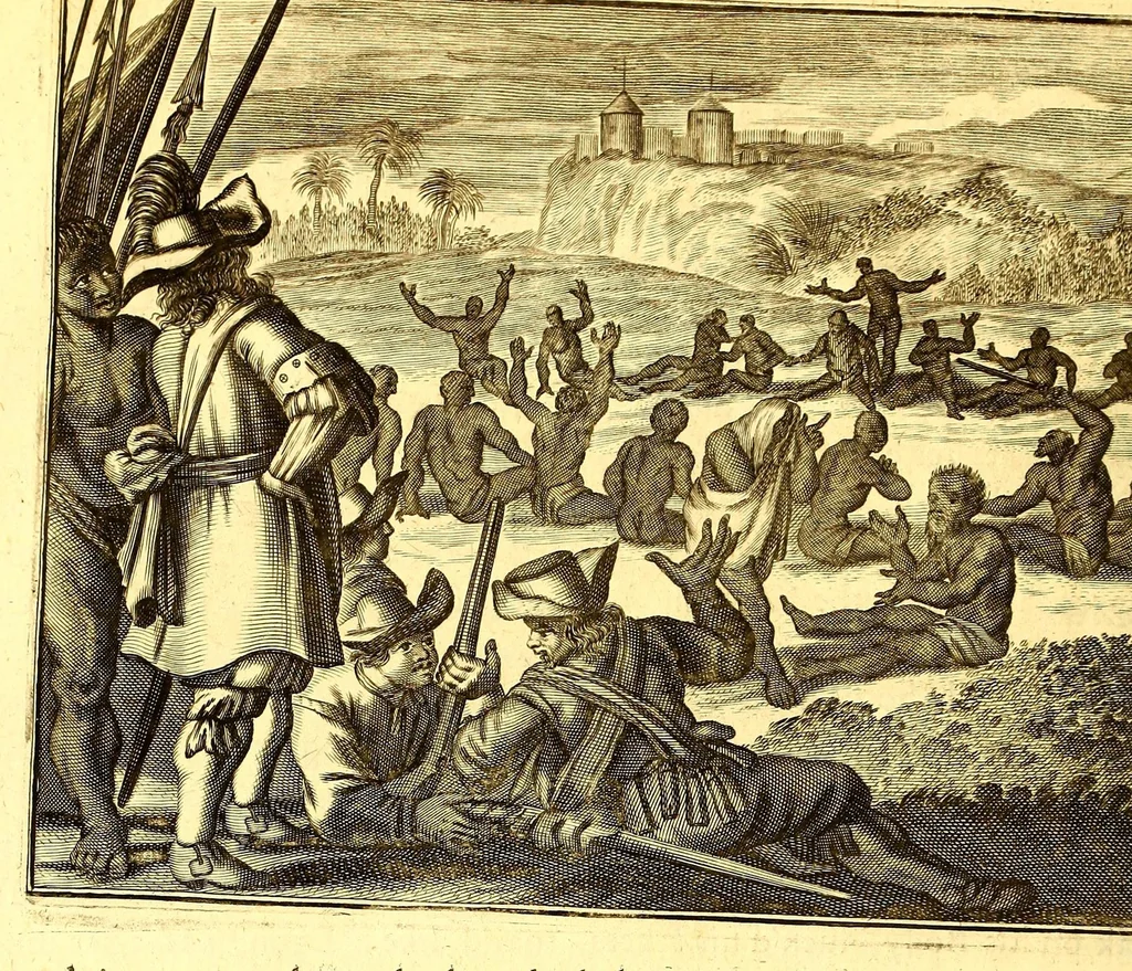 An illustration from America: being the latest, and most accurate description of the Nevv VVorld; : containing the original of the inhabitants, and the remarkable voyages thither. The conquest of the vast empires of Mexico and Peru, and other large provinces and territories, with the several European plantations in those parts. Also their cities, fortresses, towns, temples, mountains, and rivers. Their habits, customs, manners, and religions. Their plants, beasts, birds, and serpents. With an appendix, containing, besides several other considerable additions, a brief survey of what hath been discover'd of the unknown South-Land and the Arctick region., 1671, leaf 622