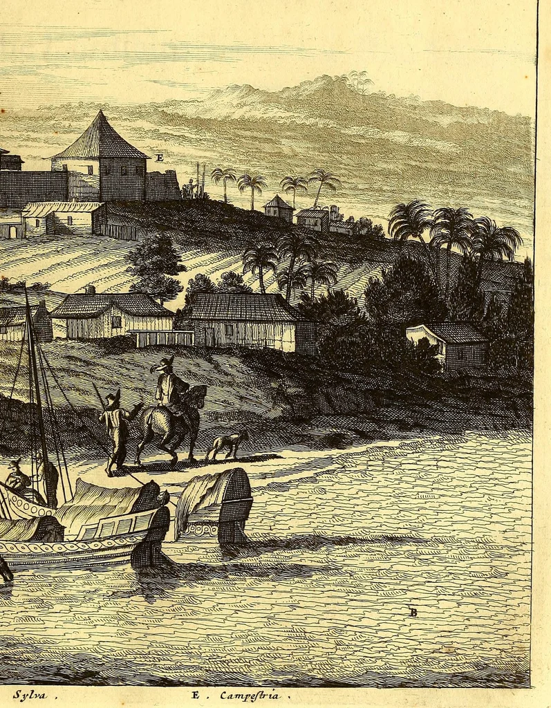 An illustration from America: being the latest, and most accurate description of the Nevv VVorld; : containing the original of the inhabitants, and the remarkable voyages thither. The conquest of the vast empires of Mexico and Peru, and other large provinces and territories, with the several European plantations in those parts. Also their cities, fortresses, towns, temples, mountains, and rivers. Their habits, customs, manners, and religions. Their plants, beasts, birds, and serpents. With an appendix, containing, besides several other considerable additions, a brief survey of what hath been discover'd of the unknown South-Land and the Arctick region., 1671, leaf 669