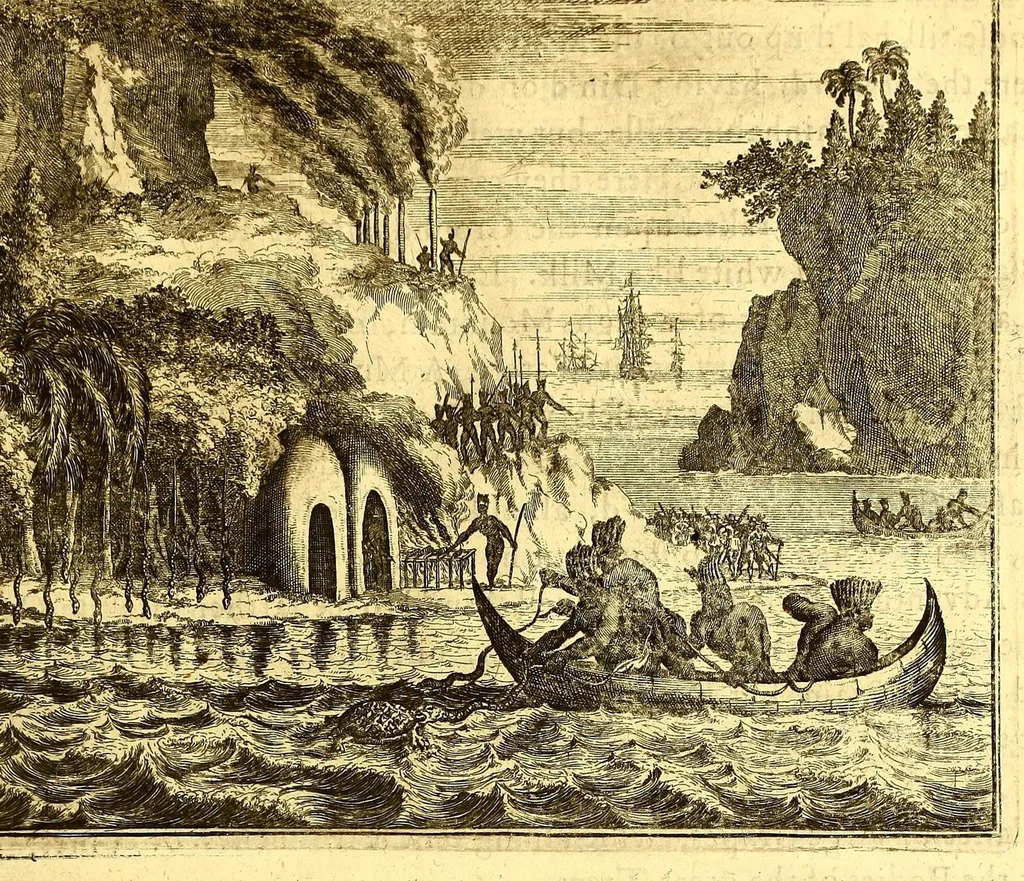 An illustration from America: being the latest, and most accurate description of the Nevv VVorld; : containing the original of the inhabitants, and the remarkable voyages thither. The conquest of the vast empires of Mexico and Peru, and other large provinces and territories, with the several European plantations in those parts. Also their cities, fortresses, towns, temples, mountains, and rivers. Their habits, customs, manners, and religions. Their plants, beasts, birds, and serpents. With an appendix, containing, besides several other considerable additions, a brief survey of what hath been discover'd of the unknown South-Land and the Arctick region., 1671, leaf 67