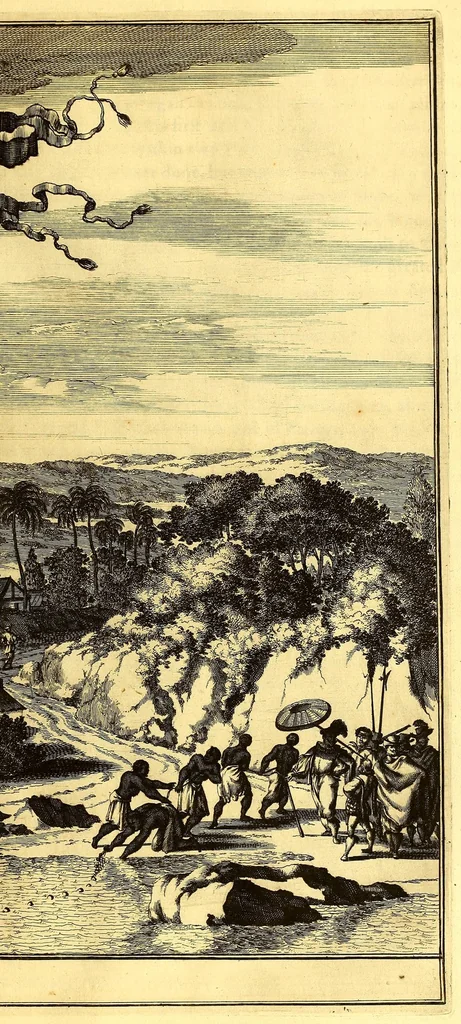 An illustration from America: being the latest, and most accurate description of the Nevv VVorld; : containing the original of the inhabitants, and the remarkable voyages thither. The conquest of the vast empires of Mexico and Peru, and other large provinces and territories, with the several European plantations in those parts. Also their cities, fortresses, towns, temples, mountains, and rivers. Their habits, customs, manners, and religions. Their plants, beasts, birds, and serpents. With an appendix, containing, besides several other considerable additions, a brief survey of what hath been discover'd of the unknown South-Land and the Arctick region., 1671, leaf 721