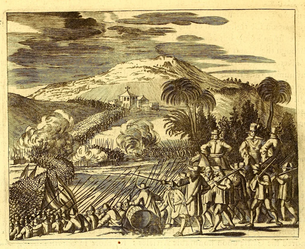 An illustration from America: being the latest, and most accurate description of the Nevv VVorld; : containing the original of the inhabitants, and the remarkable voyages thither. The conquest of the vast empires of Mexico and Peru, and other large provinces and territories, with the several European plantations in those parts. Also their cities, fortresses, towns, temples, mountains, and rivers. Their habits, customs, manners, and religions. Their plants, beasts, birds, and serpents. With an appendix, containing, besides several other considerable additions, a brief survey of what hath been discover'd of the unknown South-Land and the Arctick region., 1671, leaf 728