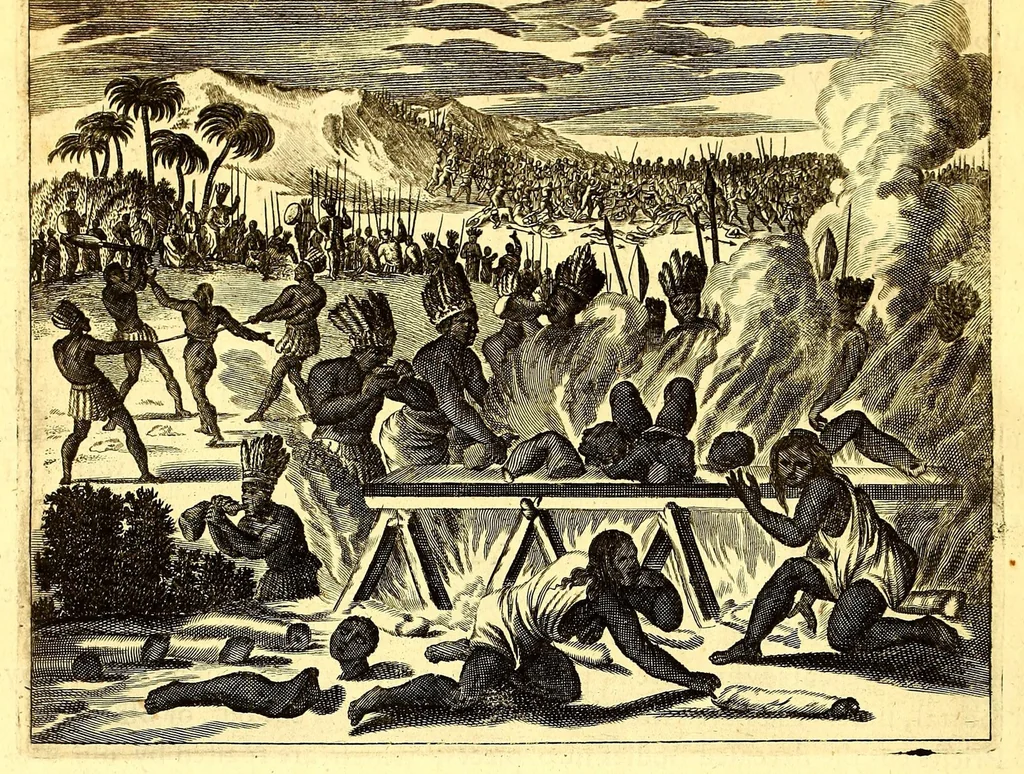 An illustration from America: being the latest, and most accurate description of the Nevv VVorld; : containing the original of the inhabitants, and the remarkable voyages thither. The conquest of the vast empires of Mexico and Peru, and other large provinces and territories, with the several European plantations in those parts. Also their cities, fortresses, towns, temples, mountains, and rivers. Their habits, customs, manners, and religions. Their plants, beasts, birds, and serpents. With an appendix, containing, besides several other considerable additions, a brief survey of what hath been discover'd of the unknown South-Land and the Arctick region., 1671, leaf 770