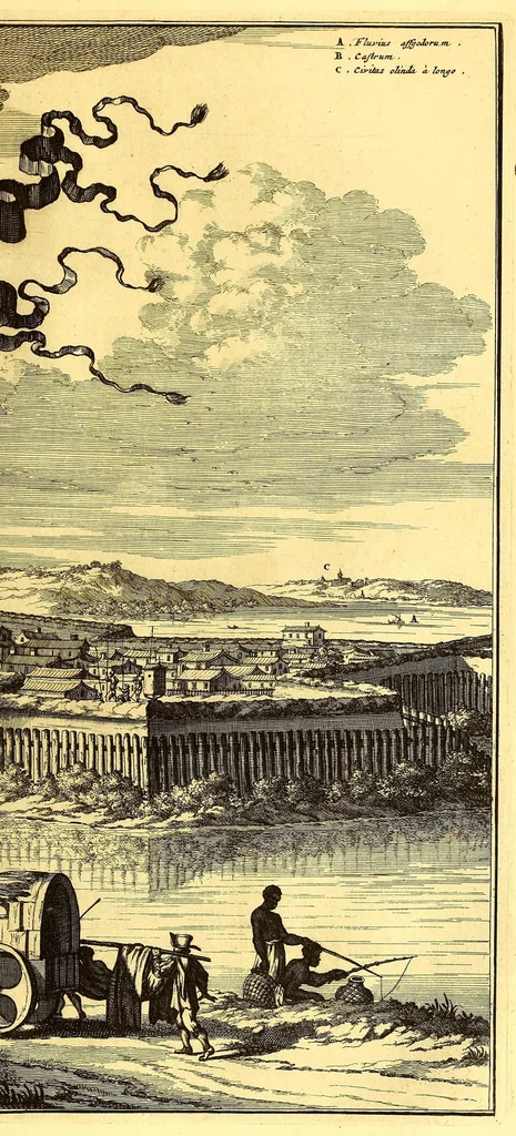 An illustration from America: being the latest, and most accurate description of the Nevv VVorld; : containing the original of the inhabitants, and the remarkable voyages thither. The conquest of the vast empires of Mexico and Peru, and other large provinces and territories, with the several European plantations in those parts. Also their cities, fortresses, towns, temples, mountains, and rivers. Their habits, customs, manners, and religions. Their plants, beasts, birds, and serpents. With an appendix, containing, besides several other considerable additions, a brief survey of what hath been discover'd of the unknown South-Land and the Arctick region., 1671, leaf 783