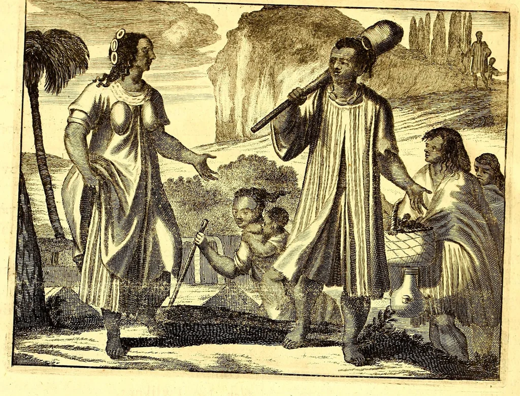 An illustration from America: being the latest, and most accurate description of the Nevv VVorld; : containing the original of the inhabitants, and the remarkable voyages thither. The conquest of the vast empires of Mexico and Peru, and other large provinces and territories, with the several European plantations in those parts. Also their cities, fortresses, towns, temples, mountains, and rivers. Their habits, customs, manners, and religions. Their plants, beasts, birds, and serpents. With an appendix, containing, besides several other considerable additions, a brief survey of what hath been discover'd of the unknown South-Land and the Arctick region., 1671, leaf 840