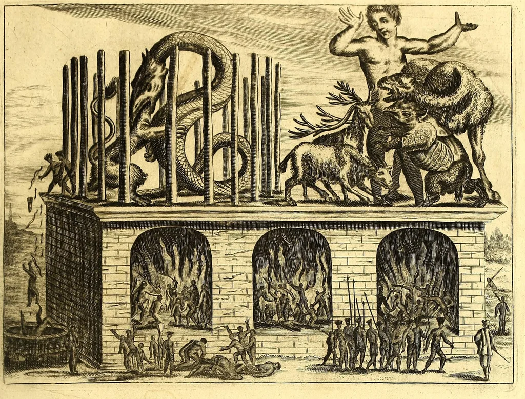 An illustration from America: being the latest, and most accurate description of the Nevv VVorld; : containing the original of the inhabitants, and the remarkable voyages thither. The conquest of the vast empires of Mexico and Peru, and other large provinces and territories, with the several European plantations in those parts. Also their cities, fortresses, towns, temples, mountains, and rivers. Their habits, customs, manners, and religions. Their plants, beasts, birds, and serpents. With an appendix, containing, besides several other considerable additions, a brief survey of what hath been discover'd of the unknown South-Land and the Arctick region., 1671, leaf 105