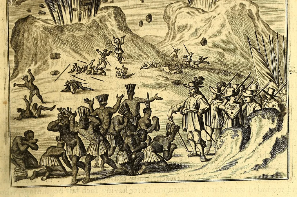 An illustration from America: being the latest, and most accurate description of the Nevv VVorld; : containing the original of the inhabitants, and the remarkable voyages thither. The conquest of the vast empires of Mexico and Peru, and other large provinces and territories, with the several European plantations in those parts. Also their cities, fortresses, towns, temples, mountains, and rivers. Their habits, customs, manners, and religions. Their plants, beasts, birds, and serpents. With an appendix, containing, besides several other considerable additions, a brief survey of what hath been discover'd of the unknown South-Land and the Arctick region., 1671, leaf 115