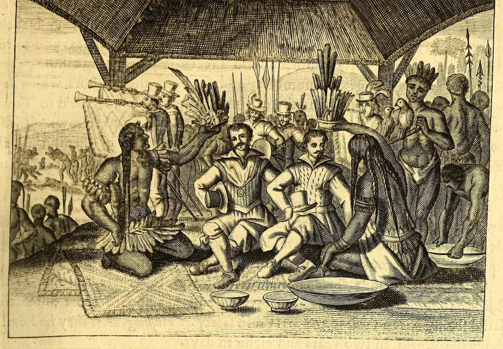 An illustration from America: being the latest, and most accurate description of the Nevv VVorld; : containing the original of the inhabitants, and the remarkable voyages thither. The conquest of the vast empires of Mexico and Peru, and other large provinces and territories, with the several European plantations in those parts. Also their cities, fortresses, towns, temples, mountains, and rivers. Their habits, customs, manners, and religions. Their plants, beasts, birds, and serpents. With an appendix, containing, besides several other considerable additions, a brief survey of what hath been discover'd of the unknown South-Land and the Arctick region., 1671, leaf 157