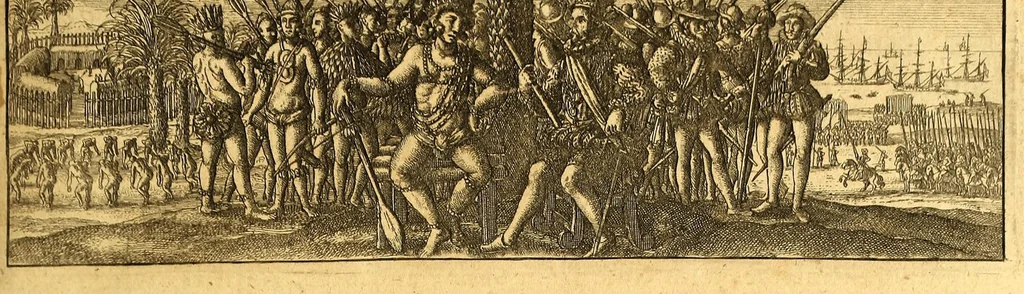 An illustration from America: being the latest, and most accurate description of the Nevv VVorld; : containing the original of the inhabitants, and the remarkable voyages thither. The conquest of the vast empires of Mexico and Peru, and other large provinces and territories, with the several European plantations in those parts. Also their cities, fortresses, towns, temples, mountains, and rivers. Their habits, customs, manners, and religions. Their plants, beasts, birds, and serpents. With an appendix, containing, besides several other considerable additions, a brief survey of what hath been discover'd of the unknown South-Land and the Arctick region., 1671, leaf 19