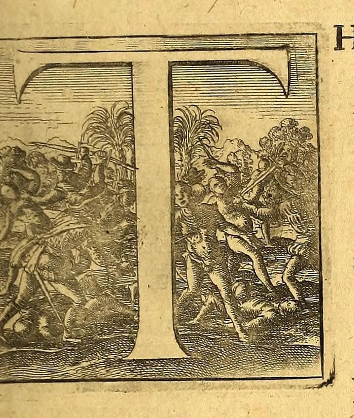 An illustration from America: being the latest, and most accurate description of the Nevv VVorld; : containing the original of the inhabitants, and the remarkable voyages thither. The conquest of the vast empires of Mexico and Peru, and other large provinces and territories, with the several European plantations in those parts. Also their cities, fortresses, towns, temples, mountains, and rivers. Their habits, customs, manners, and religions. Their plants, beasts, birds, and serpents. With an appendix, containing, besides several other considerable additions, a brief survey of what hath been discover'd of the unknown South-Land and the Arctick region., 1671, leaf 19