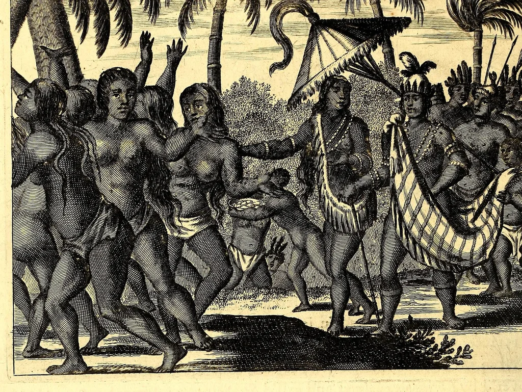 An illustration from America: being the latest, and most accurate description of the Nevv VVorld; : containing the original of the inhabitants, and the remarkable voyages thither. The conquest of the vast empires of Mexico and Peru, and other large provinces and territories, with the several European plantations in those parts. Also their cities, fortresses, towns, temples, mountains, and rivers. Their habits, customs, manners, and religions. Their plants, beasts, birds, and serpents. With an appendix, containing, besides several other considerable additions, a brief survey of what hath been discover'd of the unknown South-Land and the Arctick region., 1671, leaf 272