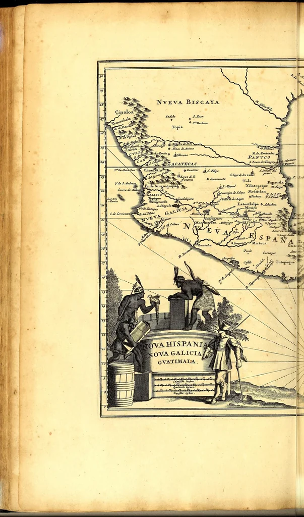 An illustration from America: being the latest, and most accurate description of the Nevv VVorld; : containing the original of the inhabitants, and the remarkable voyages thither. The conquest of the vast empires of Mexico and Peru, and other large provinces and territories, with the several European plantations in those parts. Also their cities, fortresses, towns, temples, mountains, and rivers. Their habits, customs, manners, and religions. Their plants, beasts, birds, and serpents. With an appendix, containing, besides several other considerable additions, a brief survey of what hath been discover'd of the unknown South-Land and the Arctick region., 1671, leaf 314
