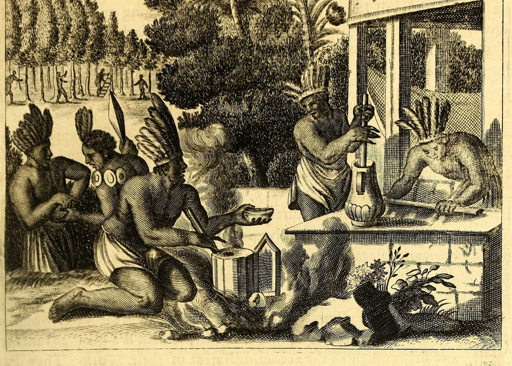 An illustration from America: being the latest, and most accurate description of the Nevv VVorld; : containing the original of the inhabitants, and the remarkable voyages thither. The conquest of the vast empires of Mexico and Peru, and other large provinces and territories, with the several European plantations in those parts. Also their cities, fortresses, towns, temples, mountains, and rivers. Their habits, customs, manners, and religions. Their plants, beasts, birds, and serpents. With an appendix, containing, besides several other considerable additions, a brief survey of what hath been discover'd of the unknown South-Land and the Arctick region., 1671, leaf 319