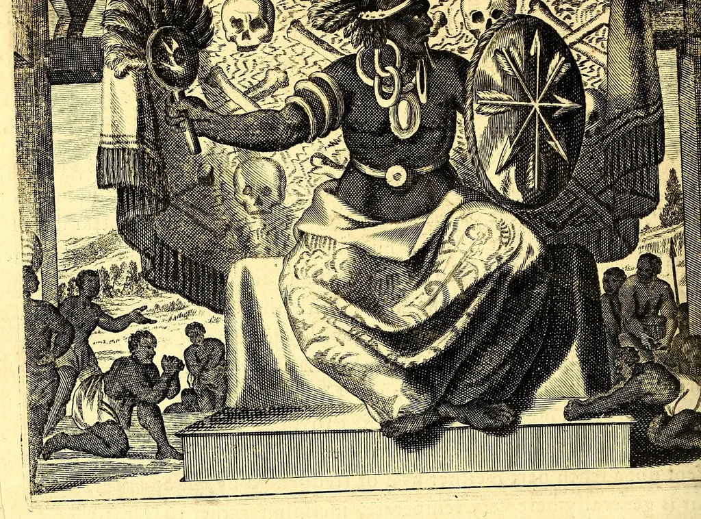 An illustration from America: being the latest, and most accurate description of the Nevv VVorld; : containing the original of the inhabitants, and the remarkable voyages thither. The conquest of the vast empires of Mexico and Peru, and other large provinces and territories, with the several European plantations in those parts. Also their cities, fortresses, towns, temples, mountains, and rivers. Their habits, customs, manners, and religions. Their plants, beasts, birds, and serpents. With an appendix, containing, besides several other considerable additions, a brief survey of what hath been discover'd of the unknown South-Land and the Arctick region., 1671, leaf 370