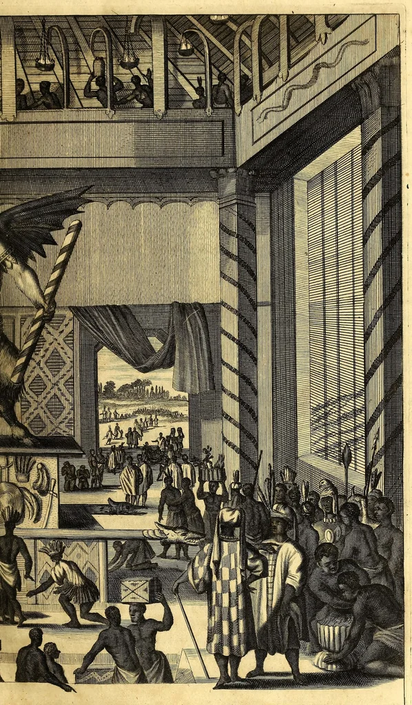 An illustration from America: being the latest, and most accurate description of the Nevv VVorld; : containing the original of the inhabitants, and the remarkable voyages thither. The conquest of the vast empires of Mexico and Peru, and other large provinces and territories, with the several European plantations in those parts. Also their cities, fortresses, towns, temples, mountains, and rivers. Their habits, customs, manners, and religions. Their plants, beasts, birds, and serpents. With an appendix, containing, besides several other considerable additions, a brief survey of what hath been discover'd of the unknown South-Land and the Arctick region., 1671, leaf 387