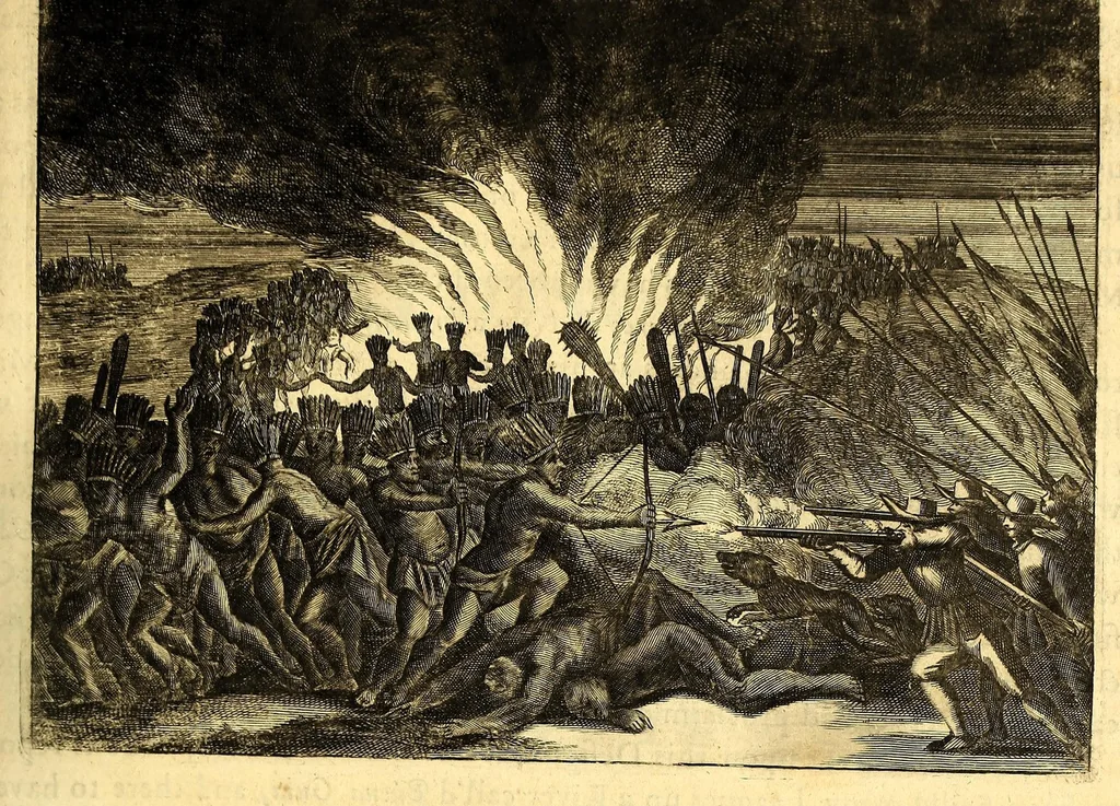 An illustration from America: being the latest, and most accurate description of the Nevv VVorld; : containing the original of the inhabitants, and the remarkable voyages thither. The conquest of the vast empires of Mexico and Peru, and other large provinces and territories, with the several European plantations in those parts. Also their cities, fortresses, towns, temples, mountains, and rivers. Their habits, customs, manners, and religions. Their plants, beasts, birds, and serpents. With an appendix, containing, besides several other considerable additions, a brief survey of what hath been discover'd of the unknown South-Land and the Arctick region., 1671, leaf 515