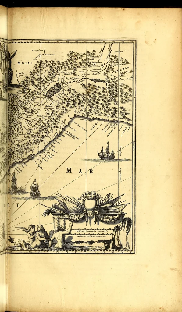 An illustration from America: being the latest, and most accurate description of the Nevv VVorld; : containing the original of the inhabitants, and the remarkable voyages thither. The conquest of the vast empires of Mexico and Peru, and other large provinces and territories, with the several European plantations in those parts. Also their cities, fortresses, towns, temples, mountains, and rivers. Their habits, customs, manners, and religions. Their plants, beasts, birds, and serpents. With an appendix, containing, besides several other considerable additions, a brief survey of what hath been discover'd of the unknown South-Land and the Arctick region., 1671, leaf 547
