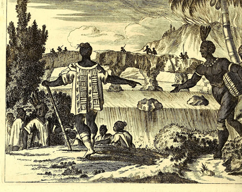 An illustration from America: being the latest, and most accurate description of the Nevv VVorld; : containing the original of the inhabitants, and the remarkable voyages thither. The conquest of the vast empires of Mexico and Peru, and other large provinces and territories, with the several European plantations in those parts. Also their cities, fortresses, towns, temples, mountains, and rivers. Their habits, customs, manners, and religions. Their plants, beasts, birds, and serpents. With an appendix, containing, besides several other considerable additions, a brief survey of what hath been discover'd of the unknown South-Land and the Arctick region., 1671, leaf 580