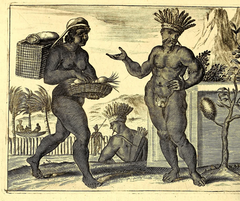 An illustration from America: being the latest, and most accurate description of the Nevv VVorld; : containing the original of the inhabitants, and the remarkable voyages thither. The conquest of the vast empires of Mexico and Peru, and other large provinces and territories, with the several European plantations in those parts. Also their cities, fortresses, towns, temples, mountains, and rivers. Their habits, customs, manners, and religions. Their plants, beasts, birds, and serpents. With an appendix, containing, besides several other considerable additions, a brief survey of what hath been discover'd of the unknown South-Land and the Arctick region., 1671, leaf 648