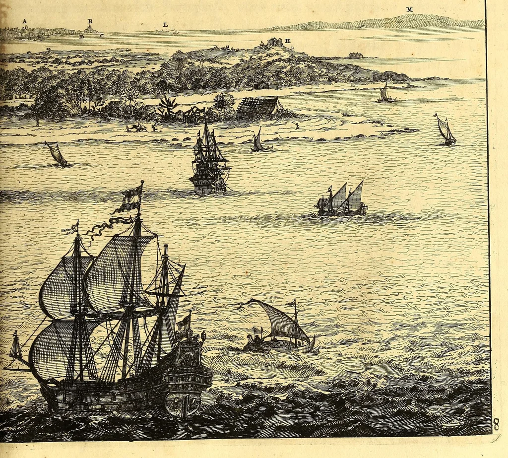 An illustration from America: being the latest, and most accurate description of the Nevv VVorld; : containing the original of the inhabitants, and the remarkable voyages thither. The conquest of the vast empires of Mexico and Peru, and other large provinces and territories, with the several European plantations in those parts. Also their cities, fortresses, towns, temples, mountains, and rivers. Their habits, customs, manners, and religions. Their plants, beasts, birds, and serpents. With an appendix, containing, besides several other considerable additions, a brief survey of what hath been discover'd of the unknown South-Land and the Arctick region., 1671, leaf 671