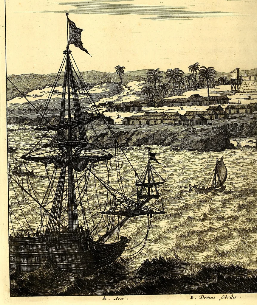 An illustration from America: being the latest, and most accurate description of the Nevv VVorld; : containing the original of the inhabitants, and the remarkable voyages thither. The conquest of the vast empires of Mexico and Peru, and other large provinces and territories, with the several European plantations in those parts. Also their cities, fortresses, towns, temples, mountains, and rivers. Their habits, customs, manners, and religions. Their plants, beasts, birds, and serpents. With an appendix, containing, besides several other considerable additions, a brief survey of what hath been discover'd of the unknown South-Land and the Arctick region., 1671, leaf 838