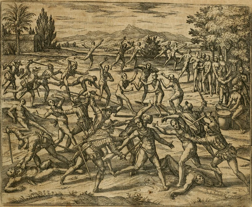 An illustration from America, das ist, Erfindung vnd Offenbahrung der Newen Welt : deroselbigen Völcker, Gestalt, Sitten, Gebräuch, Policey vnd Gottesdienst, 1617, leaf 100