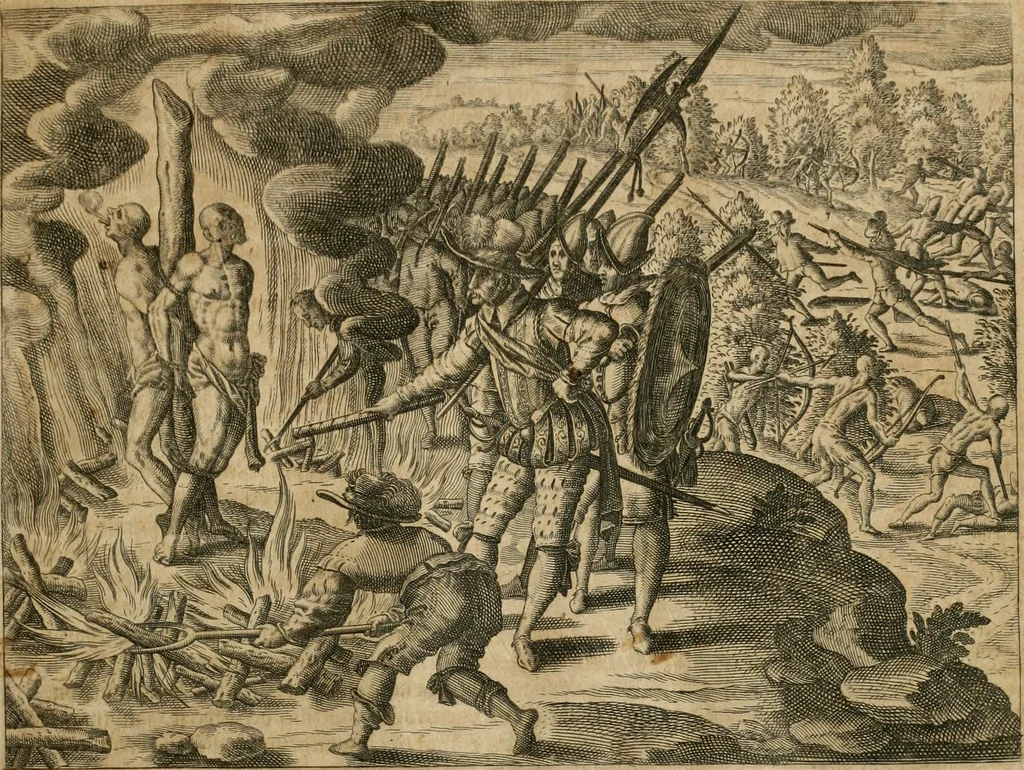 An illustration from America, das ist, Erfindung vnd Offenbahrung der Newen Welt : deroselbigen Völcker, Gestalt, Sitten, Gebräuch, Policey vnd Gottesdienst, 1617, leaf 110