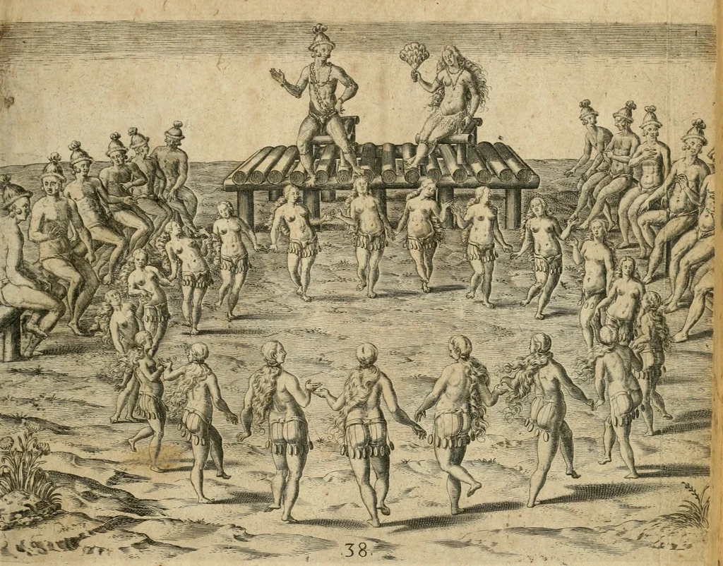 An illustration from America, das ist, Erfindung vnd Offenbahrung der Newen Welt : deroselbigen Völcker, Gestalt, Sitten, Gebräuch, Policey vnd Gottesdienst, 1617, leaf 134
