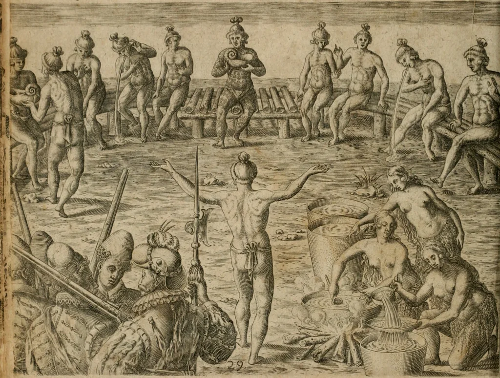 An illustration from America, das ist, Erfindung vnd Offenbahrung der Newen Welt : deroselbigen Völcker, Gestalt, Sitten, Gebräuch, Policey vnd Gottesdienst, 1617, leaf 137