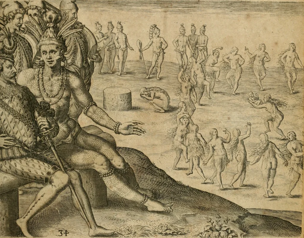 An illustration from America, das ist, Erfindung vnd Offenbahrung der Newen Welt : deroselbigen Völcker, Gestalt, Sitten, Gebräuch, Policey vnd Gottesdienst, 1617, leaf 138
