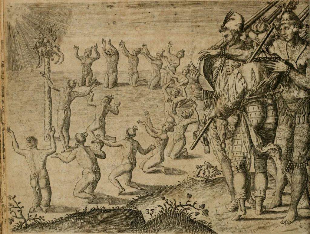 An illustration from America, das ist, Erfindung vnd Offenbahrung der Newen Welt : deroselbigen Völcker, Gestalt, Sitten, Gebräuch, Policey vnd Gottesdienst, 1617, leaf 139
