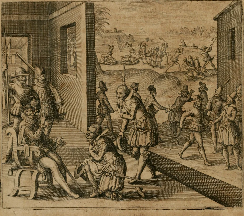 An illustration from America, das ist, Erfindung vnd Offenbahrung der Newen Welt : deroselbigen Völcker, Gestalt, Sitten, Gebräuch, Policey vnd Gottesdienst, 1617, leaf 149