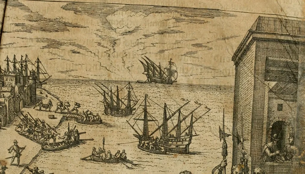 An illustration from America, das ist, Erfindung vnd Offenbahrung der Newen Welt : deroselbigen Völcker, Gestalt, Sitten, Gebräuch, Policey vnd Gottesdienst, 1617, leaf 16