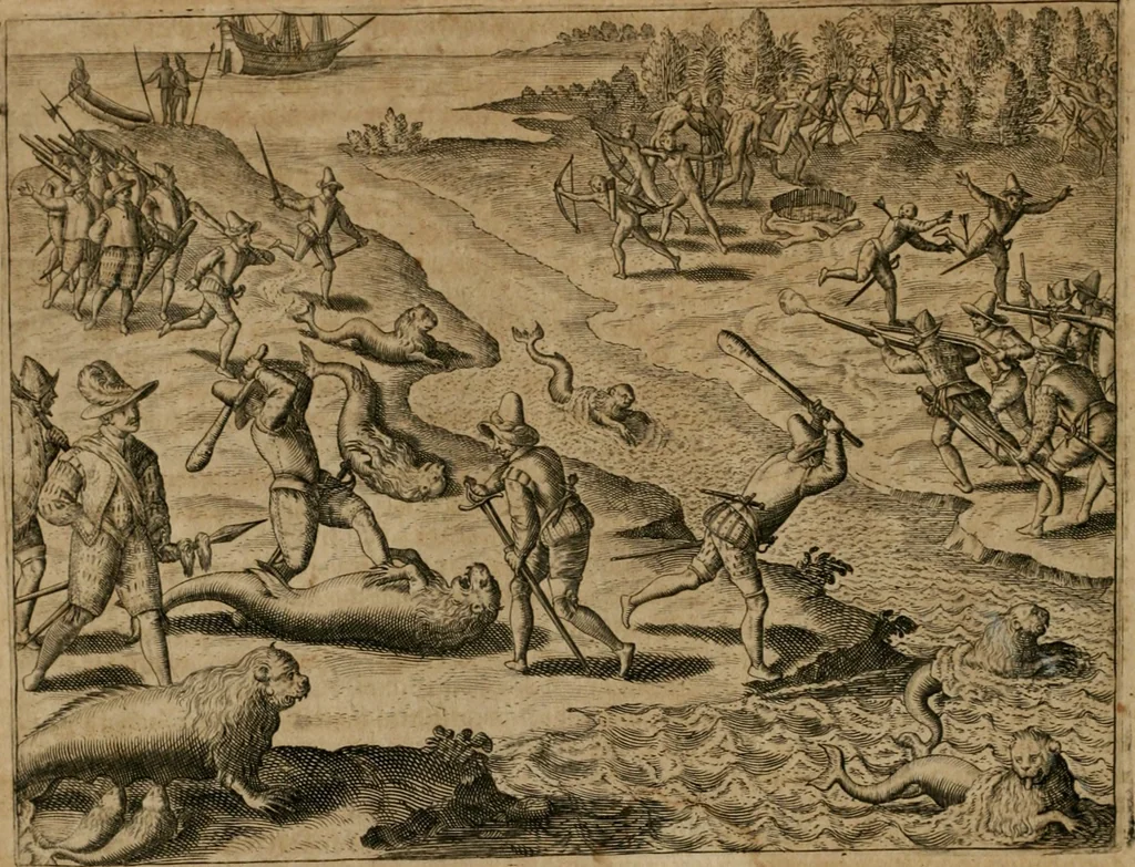An illustration from America, das ist, Erfindung vnd Offenbahrung der Newen Welt : deroselbigen Völcker, Gestalt, Sitten, Gebräuch, Policey vnd Gottesdienst, 1617, leaf 187
