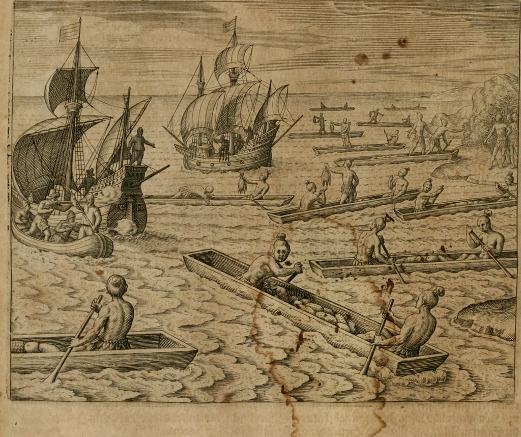An illustration from America, das ist, Erfindung vnd Offenbahrung der Newen Welt : deroselbigen Völcker, Gestalt, Sitten, Gebräuch, Policey vnd Gottesdienst, 1617, leaf 195