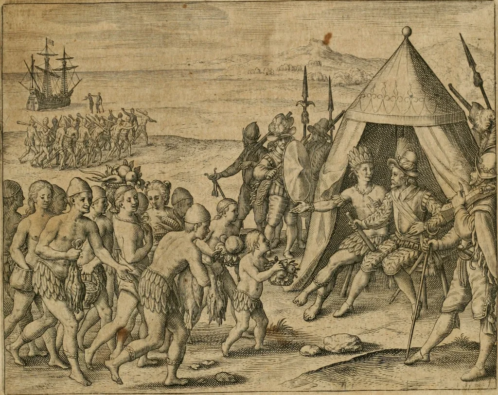 An illustration from America, das ist, Erfindung vnd Offenbahrung der Newen Welt : deroselbigen Völcker, Gestalt, Sitten, Gebräuch, Policey vnd Gottesdienst, 1617, leaf 210