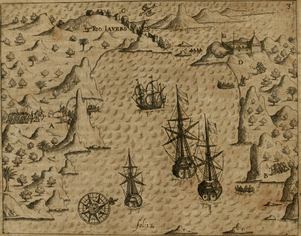An illustration from America, das ist, Erfindung vnd Offenbahrung der Newen Welt : deroselbigen Völcker, Gestalt, Sitten, Gebräuch, Policey vnd Gottesdienst, 1617, leaf 223