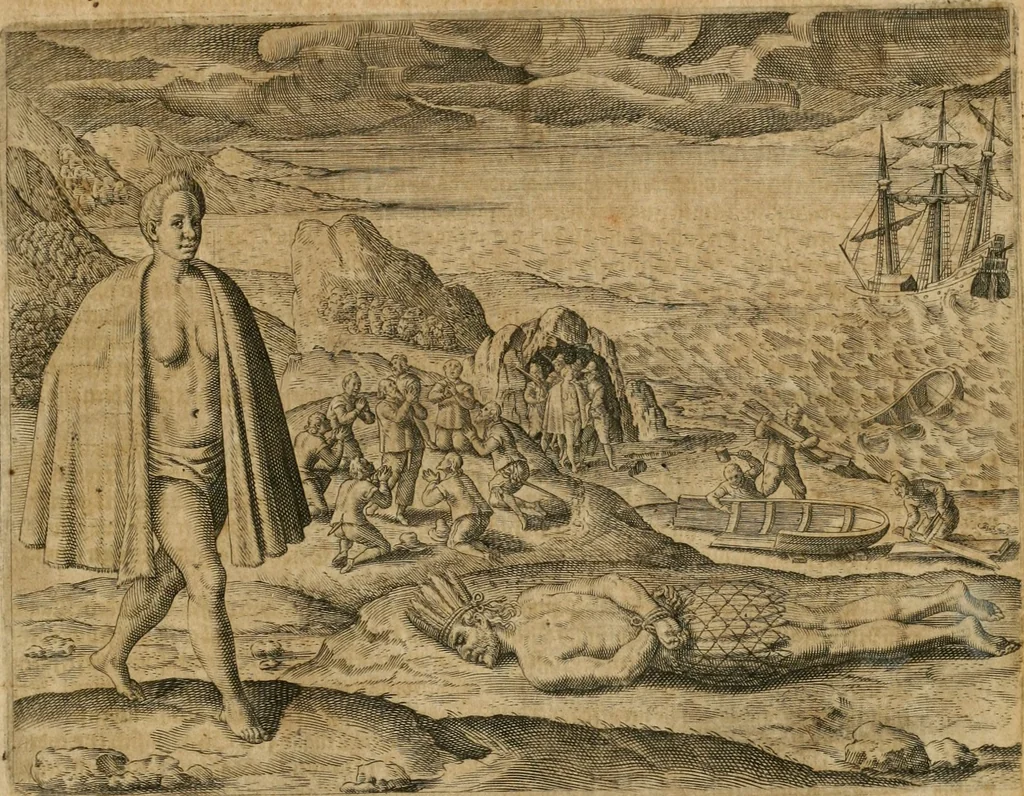 An illustration from America, das ist, Erfindung vnd Offenbahrung der Newen Welt : deroselbigen Völcker, Gestalt, Sitten, Gebräuch, Policey vnd Gottesdienst, 1617, leaf 268