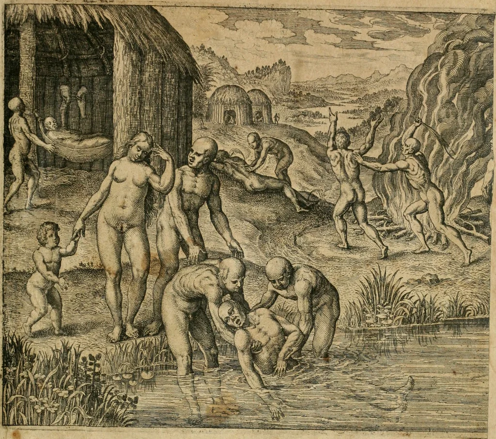 An illustration from America, das ist, Erfindung vnd Offenbahrung der Newen Welt : deroselbigen Völcker, Gestalt, Sitten, Gebräuch, Policey vnd Gottesdienst, 1617, leaf 32