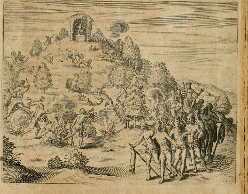 An illustration from America, das ist, Erfindung vnd Offenbahrung der Newen Welt : deroselbigen Völcker, Gestalt, Sitten, Gebräuch, Policey vnd Gottesdienst, 1617, leaf 322