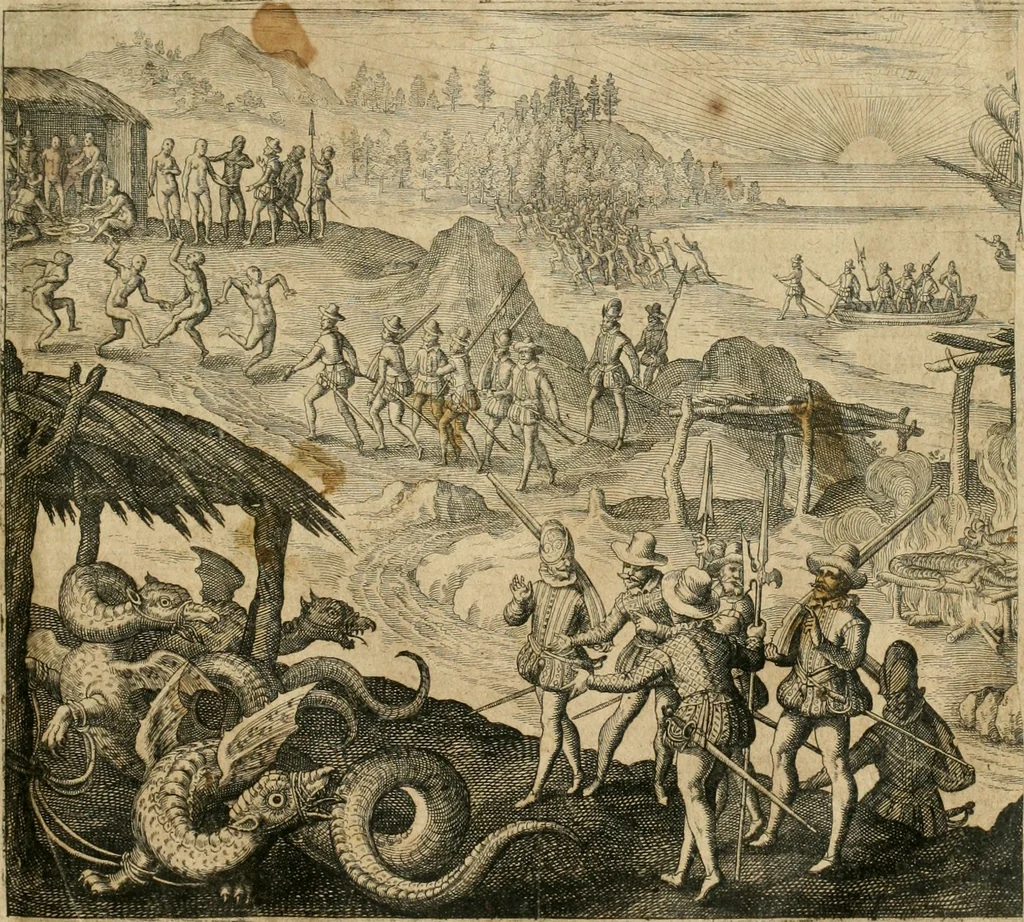 An illustration from America, das ist, Erfindung vnd Offenbahrung der Newen Welt : deroselbigen Völcker, Gestalt, Sitten, Gebräuch, Policey vnd Gottesdienst, 1617, leaf 34
