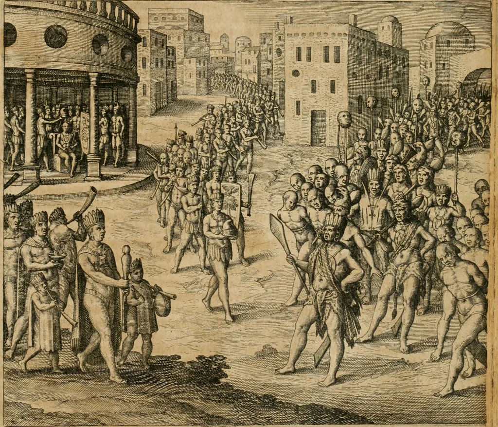 An illustration from America, das ist, Erfindung vnd Offenbahrung der Newen Welt : deroselbigen Völcker, Gestalt, Sitten, Gebräuch, Policey vnd Gottesdienst, 1617, leaf 340