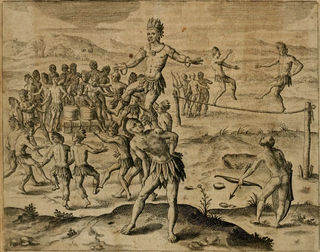 An illustration from America, das ist, Erfindung vnd Offenbahrung der Newen Welt : deroselbigen Völcker, Gestalt, Sitten, Gebräuch, Policey vnd Gottesdienst, 1617, leaf 343