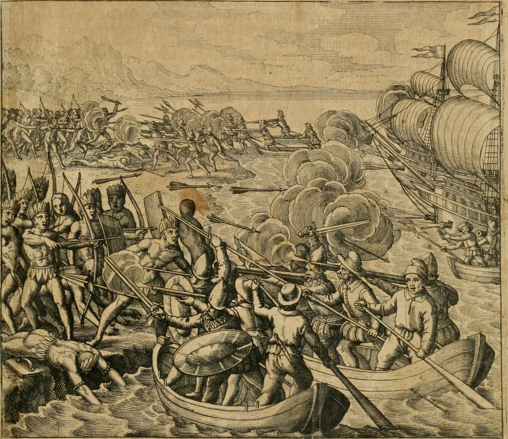 An illustration from America, das ist, Erfindung vnd Offenbahrung der Newen Welt : deroselbigen Völcker, Gestalt, Sitten, Gebräuch, Policey vnd Gottesdienst, 1617, leaf 36