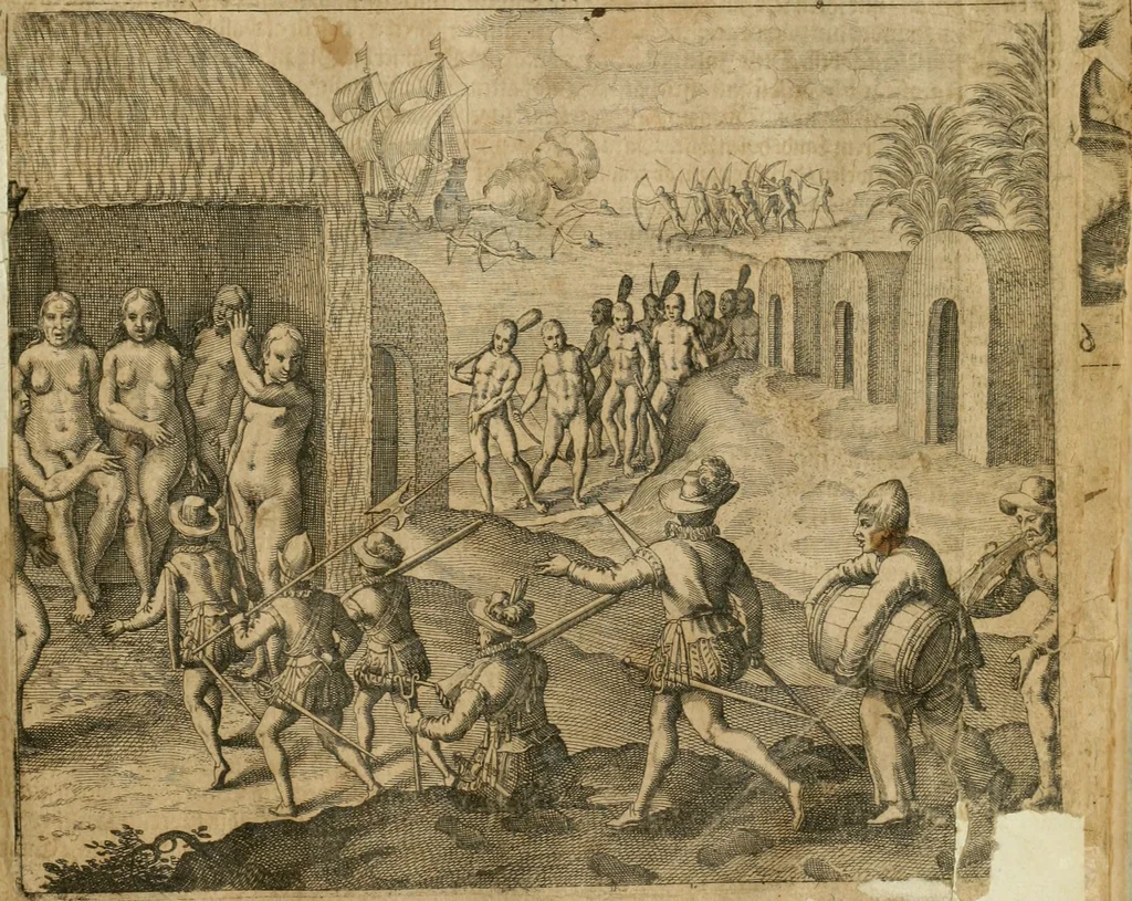 An illustration from America, das ist, Erfindung vnd Offenbahrung der Newen Welt : deroselbigen Völcker, Gestalt, Sitten, Gebräuch, Policey vnd Gottesdienst, 1617, leaf 38